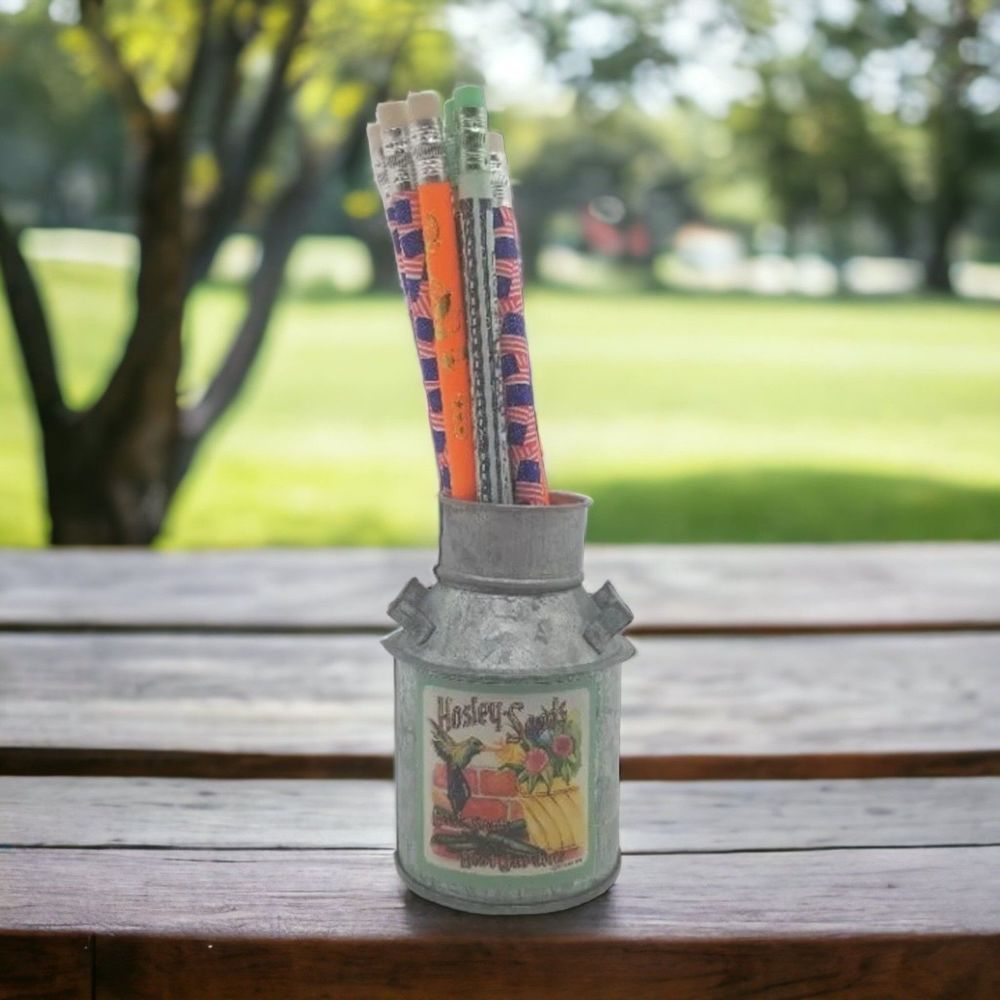 Hosley Seeds Galvanized Mini Milk Can w/ 10 Pencils Farmhouse Desk Decor